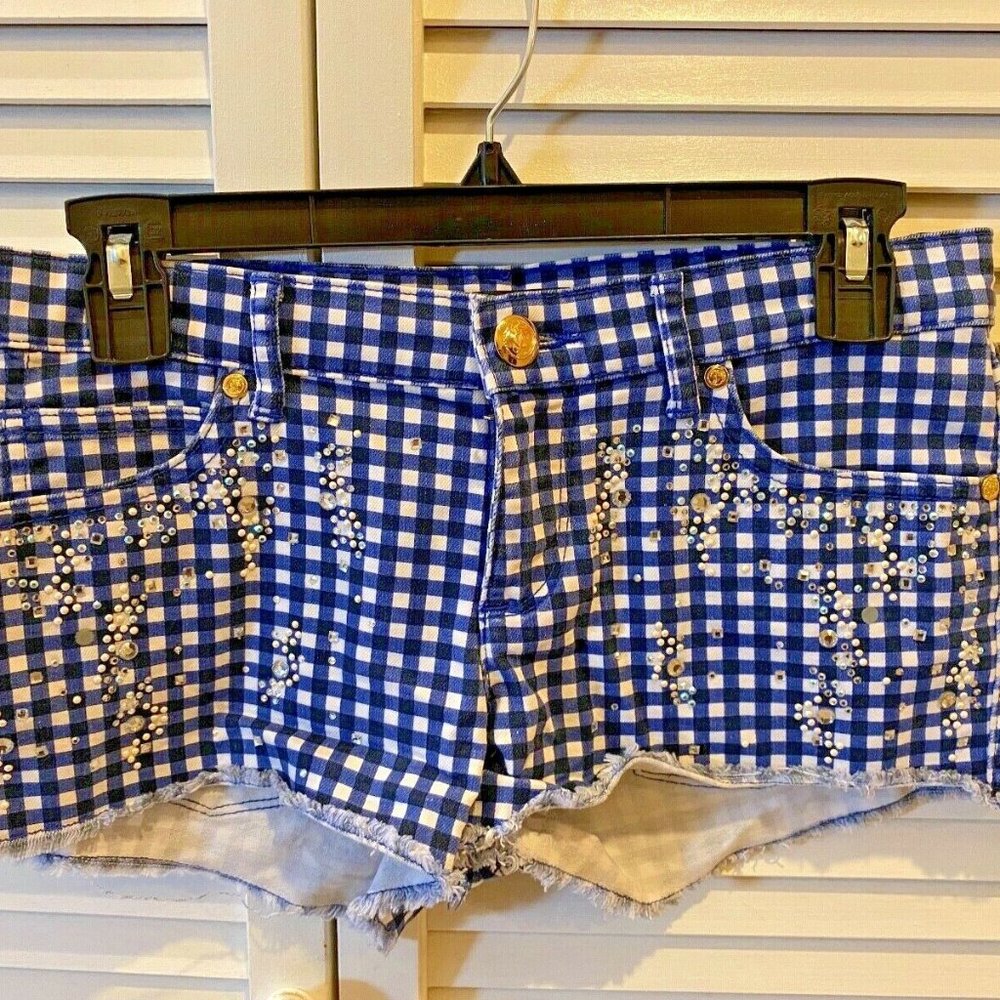 Juicy Couture Blue/White 90%Cotton SHORTS Crystal Embellishment Rhinestone Sz.26
